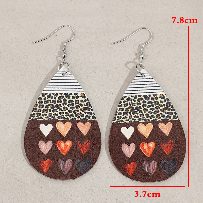 Wholesale Valentine' s Day new leopard print Love drop-shaped artistic retro style leather earrings earrings