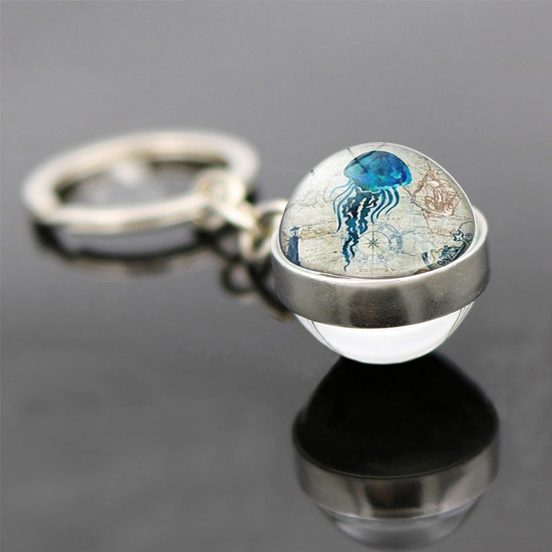 Wholesale Retro Starfish Turtle Marine Life Double Sided Glass Ball Keychain ACC-KC-JiaYun003