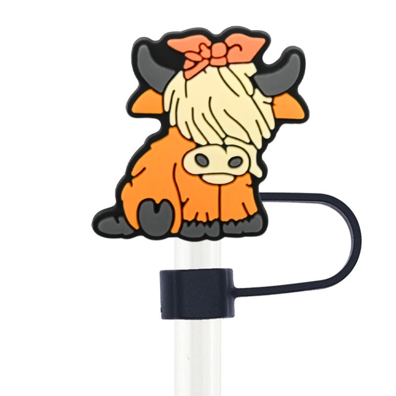 Wholesale  Random 100pcs Highland Cow Series 10mm PVC Soft Straw Tube Cap