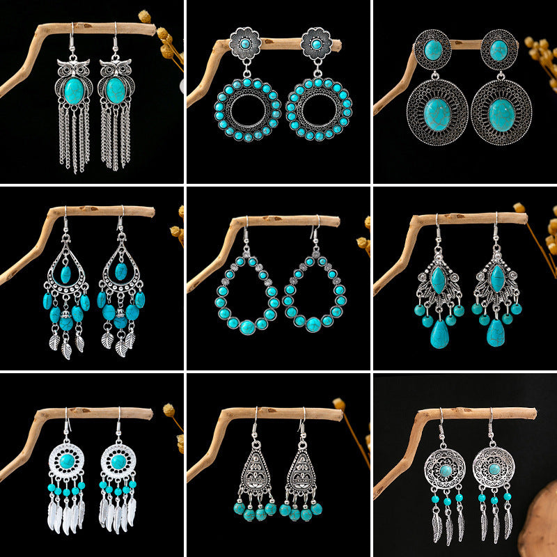 Wholesale Retro Ethnic Style Blue Turquoise Hollow Ring Flower Tassel Earrings Jewelry Accessory