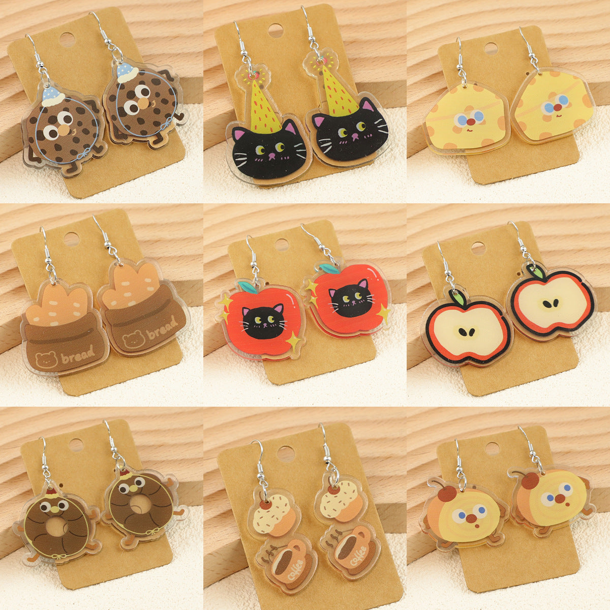 Wholesale Cartoon bread cake big eyes fruit apple cat acrylic earrings