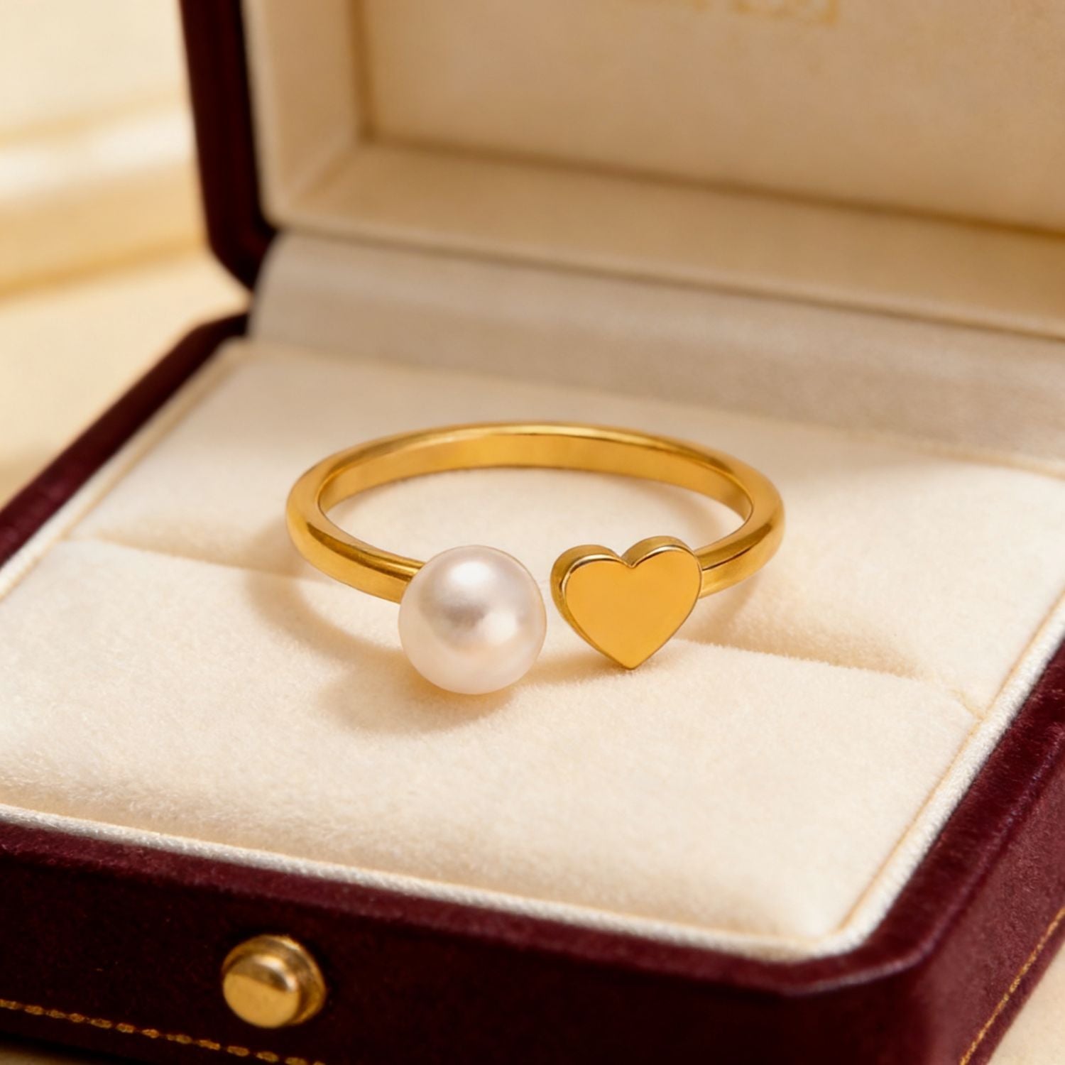 Wholesale Stainless steel man-made pearl heart adjustable ring