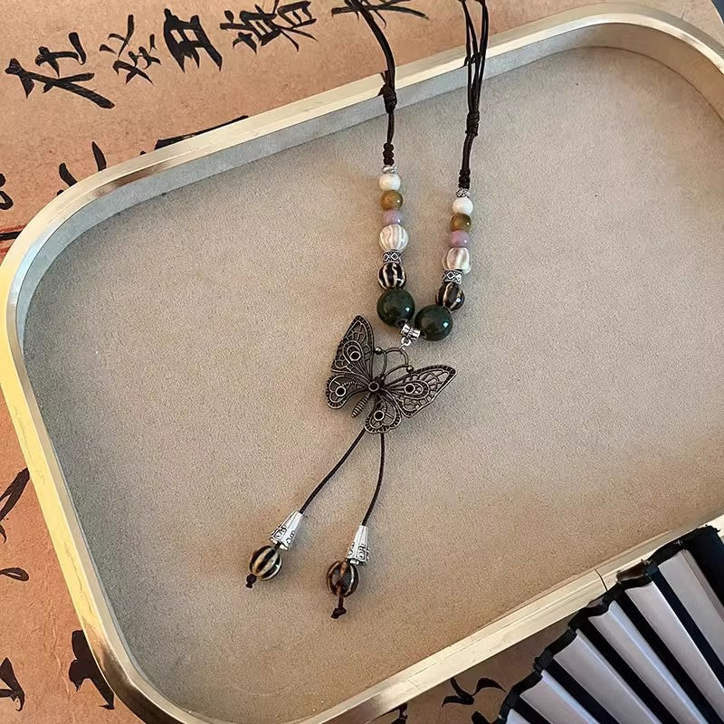 Wholesale Vintage Butterfly Necklace Sweater Chain Ceramic Flower Beaded Necklace ACC-NE-Miaosi015