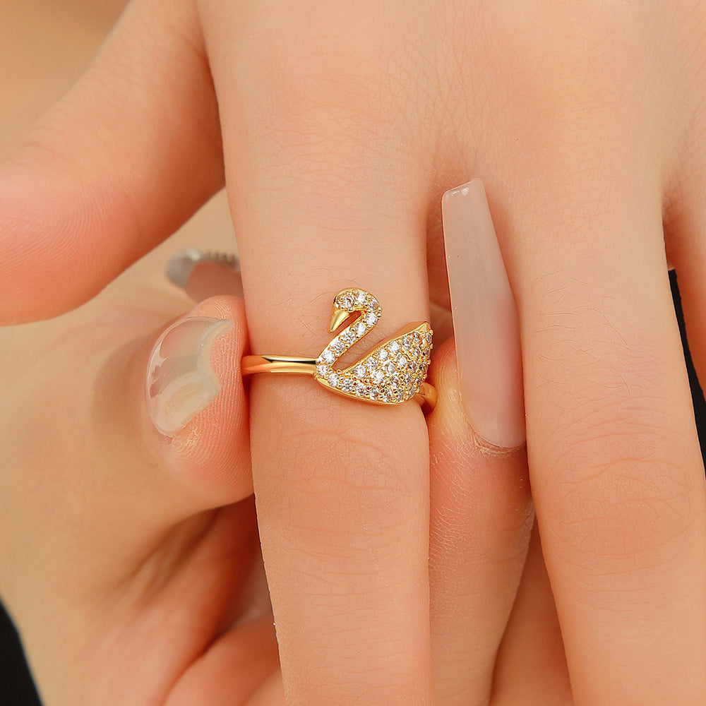 Wholesale Chic Gold Tone Swan Zircon Ring Adjustable Open Design Fashion Jewelry Accessory For Everyday Wear And Boutique Resale