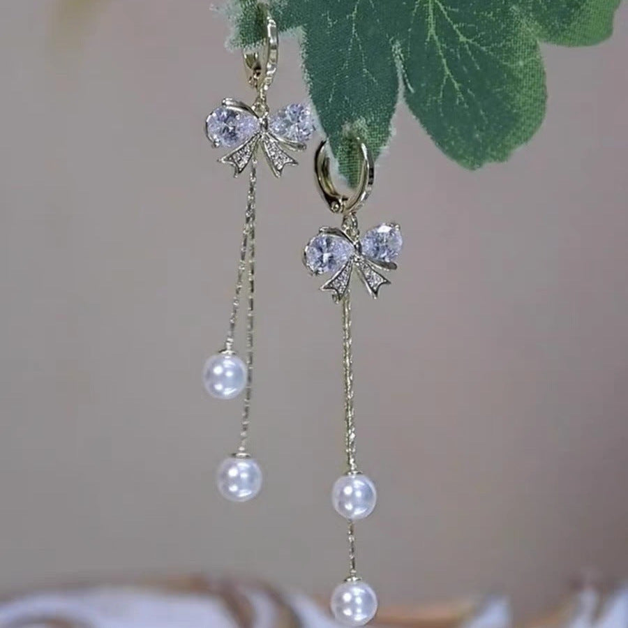 Wholesale Zircon bow tassel earrings