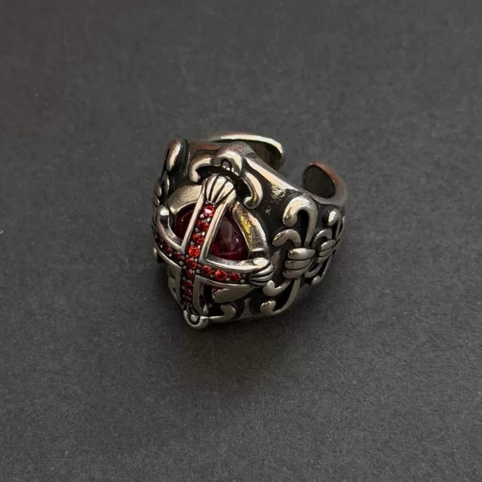 Wholesale Gothic Cross Ring For Men Adjustable Black Ring With Red Rhinestone Trendy Fashion Accessory