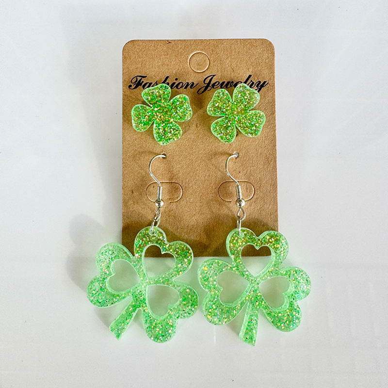 Wholesale Acrylic St.  Patrick' s Day Four-Leaf Clover and Three-Leaf Clover Earring Set