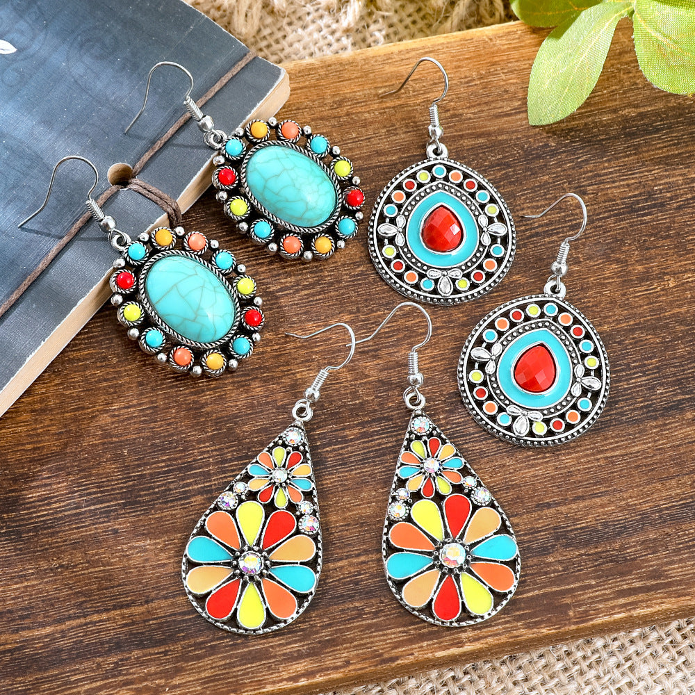 Wholesale Alloy Bohemian Hook Earrings Retro Ethnic Turquoise Oil-Drip Style for Women Gift Boutique Resale