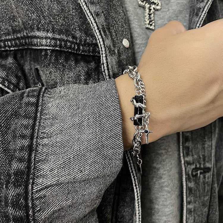 Wholesale Star Pattern Black Obsidian Cross Bracelet for Men,  Punk Hip Hop Style Couple Jewelry