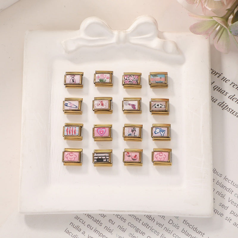 Wholesale Gold Plated Stainless Steel DIY Italian Modular Bracelet Charms Pink Cute Fashion Jewelry Accessory For Boutique Resale