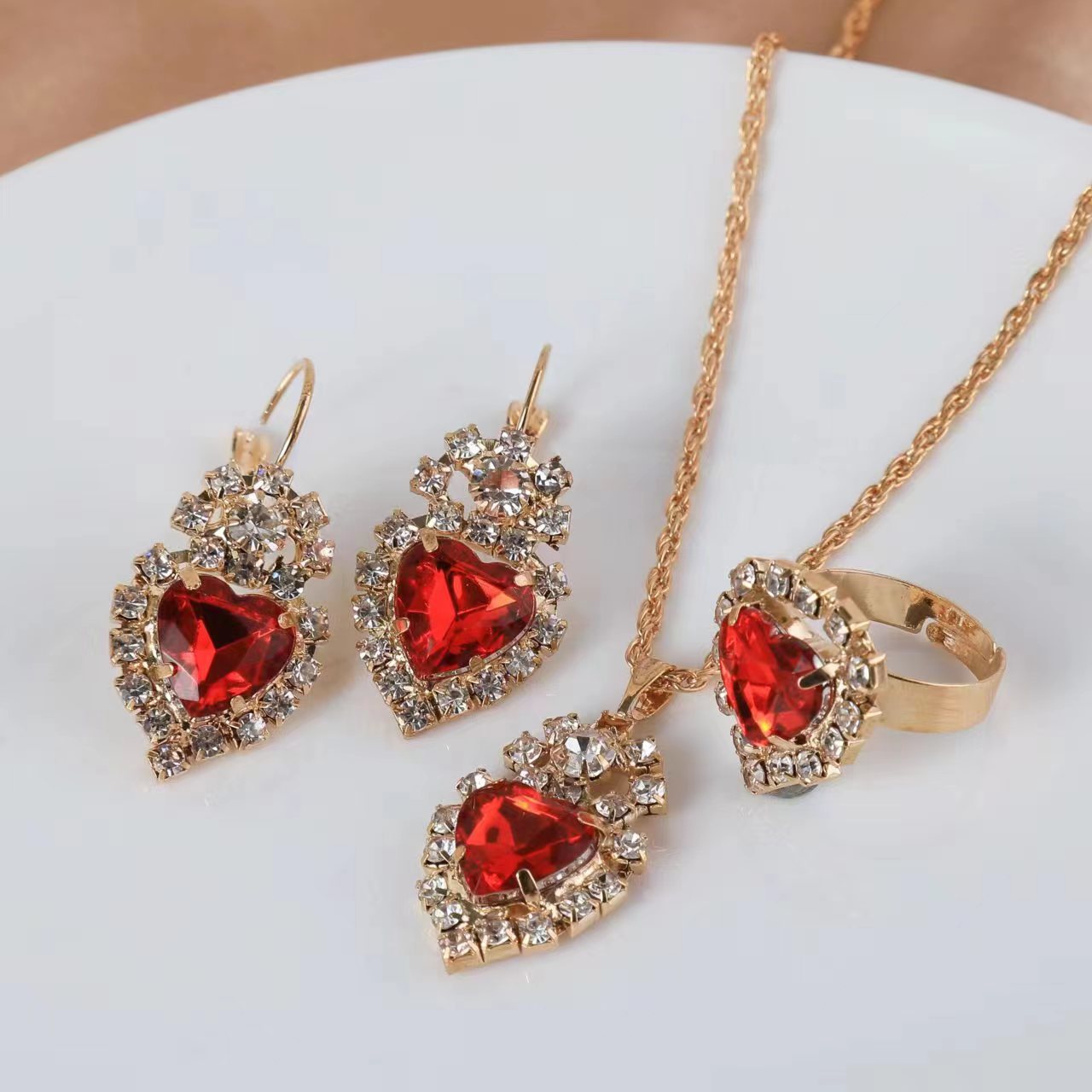 Wholesale Water Drop Heart Diamond Necklace Earring Set