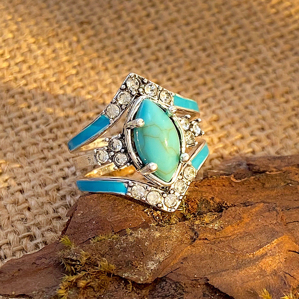 Wholesale Creative Retro Turquoise Set with Diamond Three-piece Set Women' s Set Ring