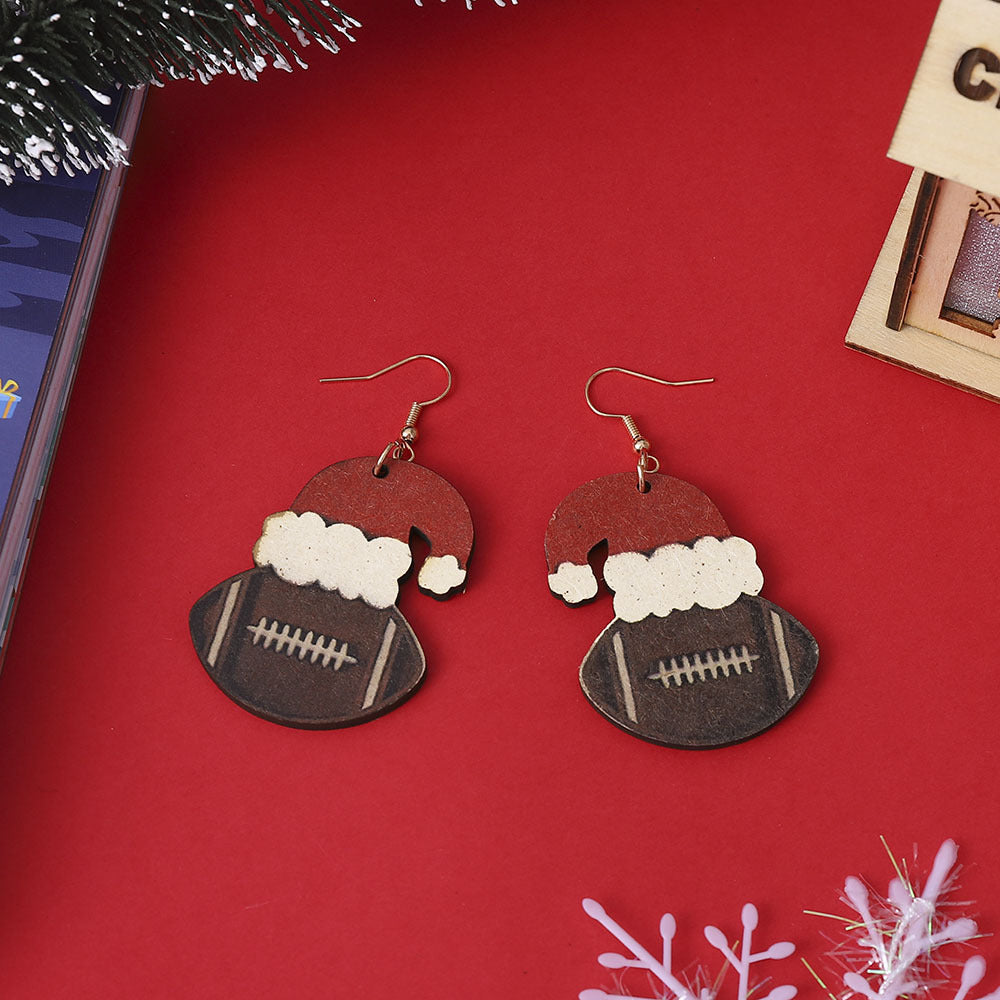 Wholesale Christmas Santa hat rugby pendant earrings wooden double-sided earrings