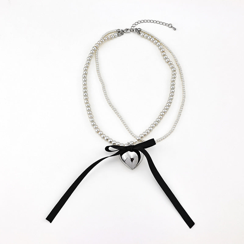 Wholesale Pearl Long Woolen Chain Love Pendant Flannel Bow Necklace