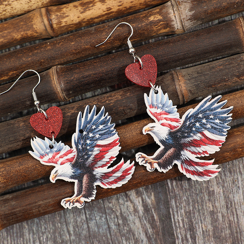 Wholesale American Independence Day Eagle Print American Flag Heart Stitching Wooden Earrings