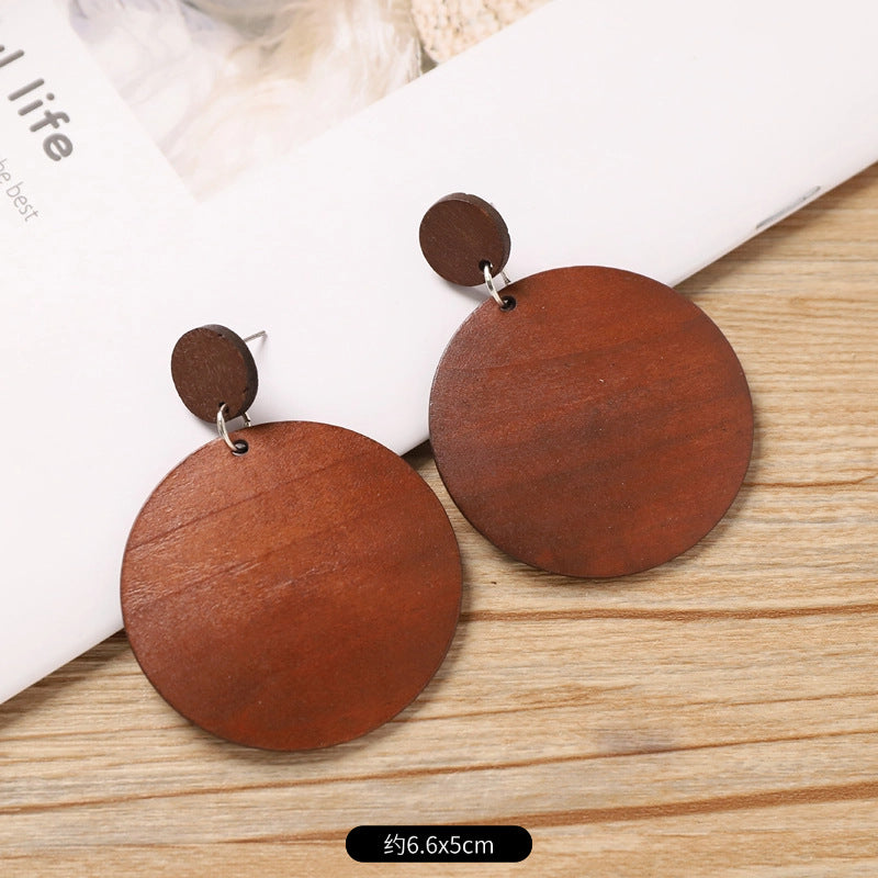Wholesale Retro Coffee Wooden Earrings Ethnic Style Round Hand Knitted Jewelry Accessory