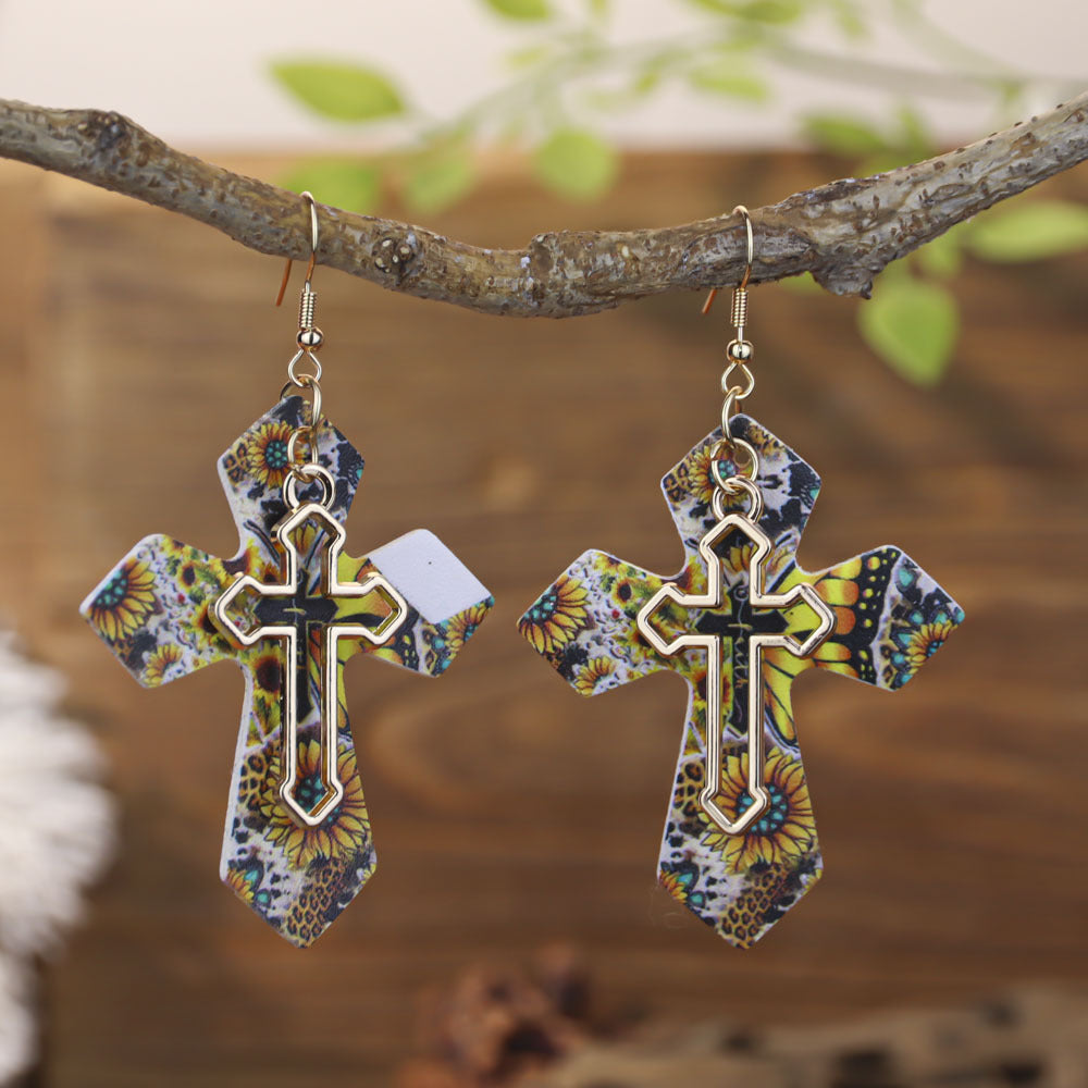 Wholesale double-layer cross leather Gothic style earrings,