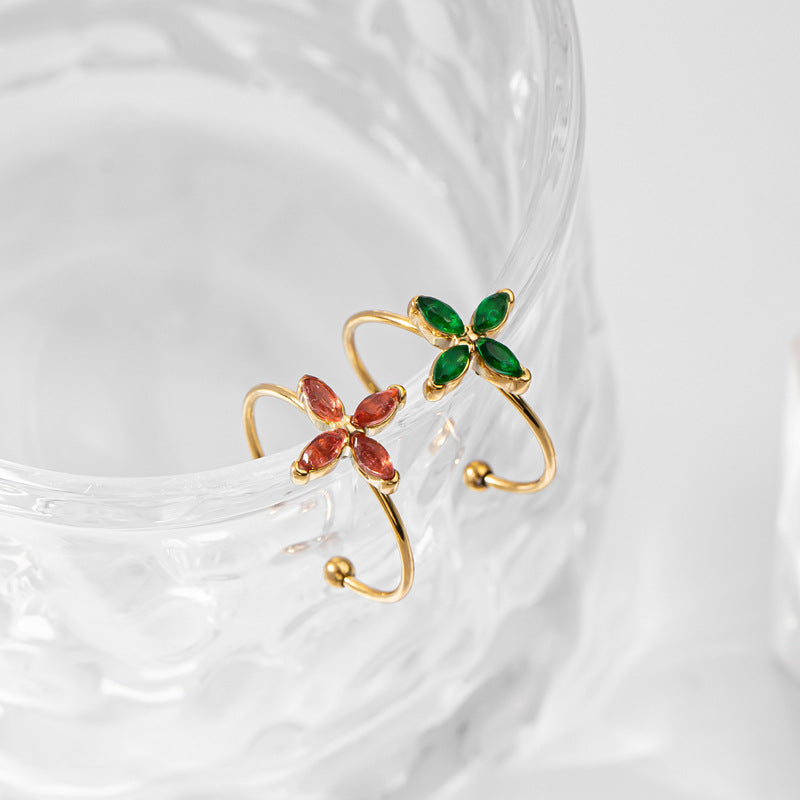 Wholesale Zircon Lucky Four-leaf Clover Open Stainless Steel Ring