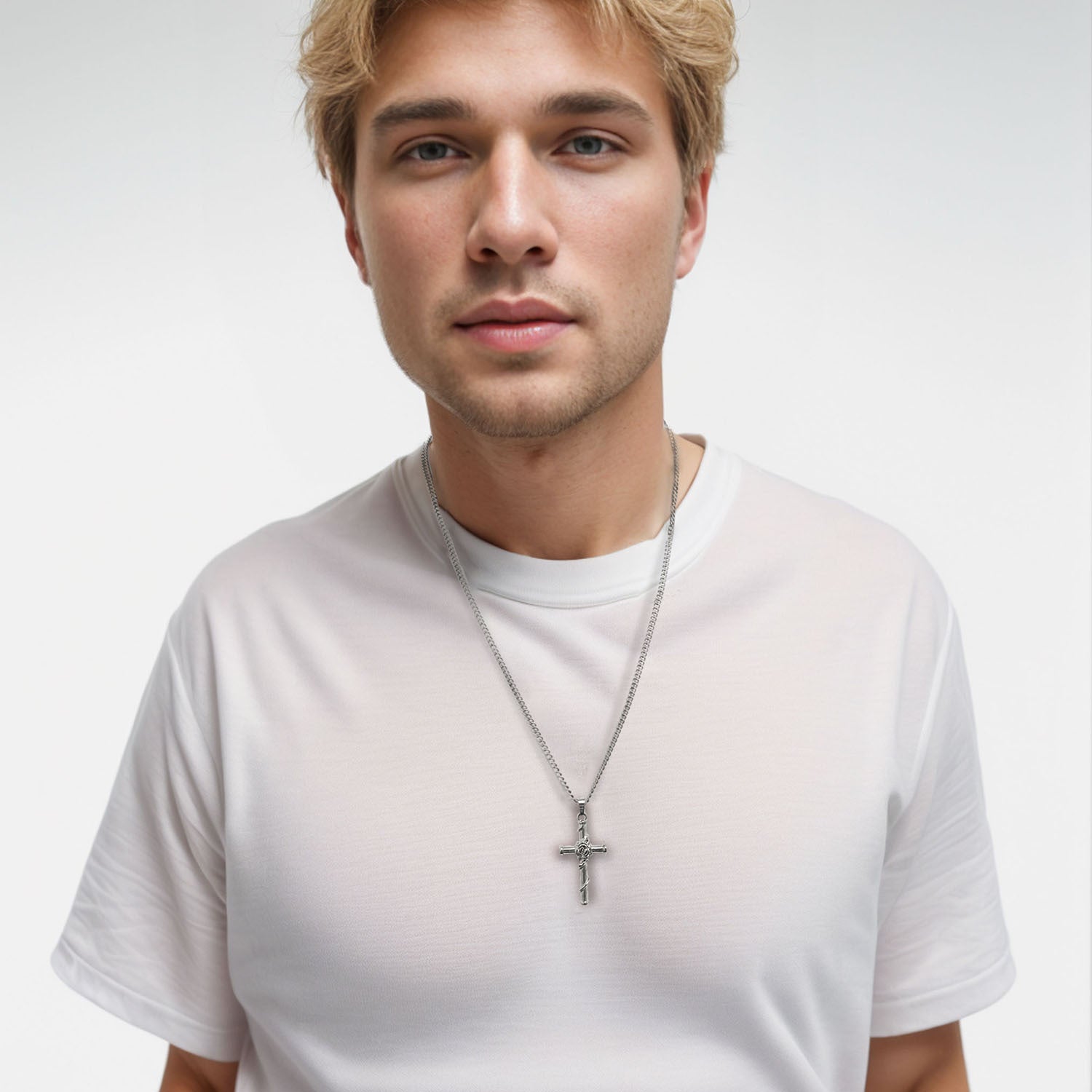 Wholesale Vintage Men's Rose Large Cross Copper Stainless Steel Necklace