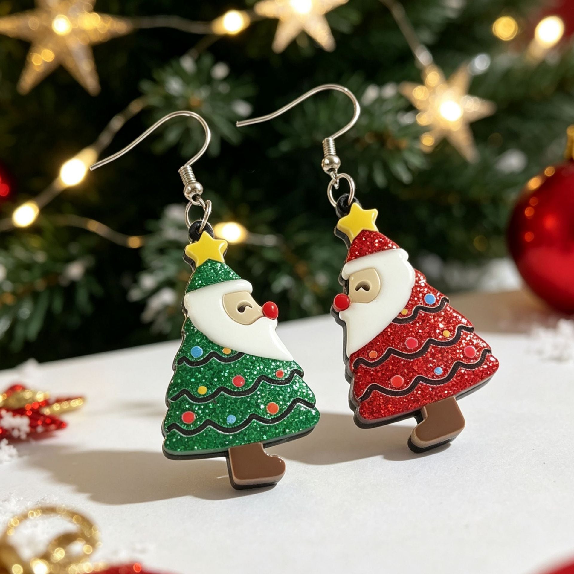 Wholesale Christmas  Tree Acrylic Earrings Double Layer Glitter Fun Design Festive Party Fashion Accessory Holiday Gift