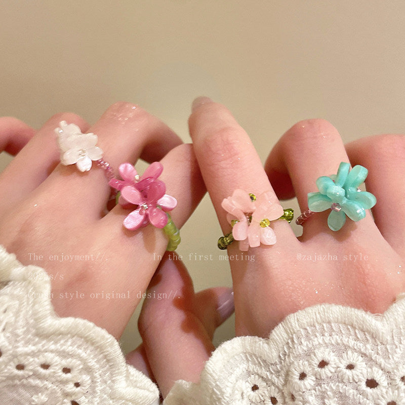 Wholesale Resin Flower Ring Women' s Cute Bead Ring Seaside Vacation Jewelry Accessory