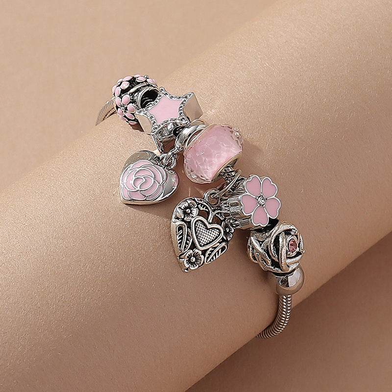 Wholesale  heart painting oil pink heart five-pointed star DIY glass beaded bracelet