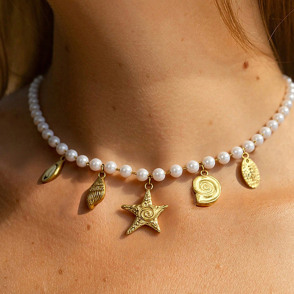Wholesale Electroplated Stainless Steel Imitation Pearl Starfish Pendant Necklace Ocean Style Women S Fashion Jewelry Accessory For Resale