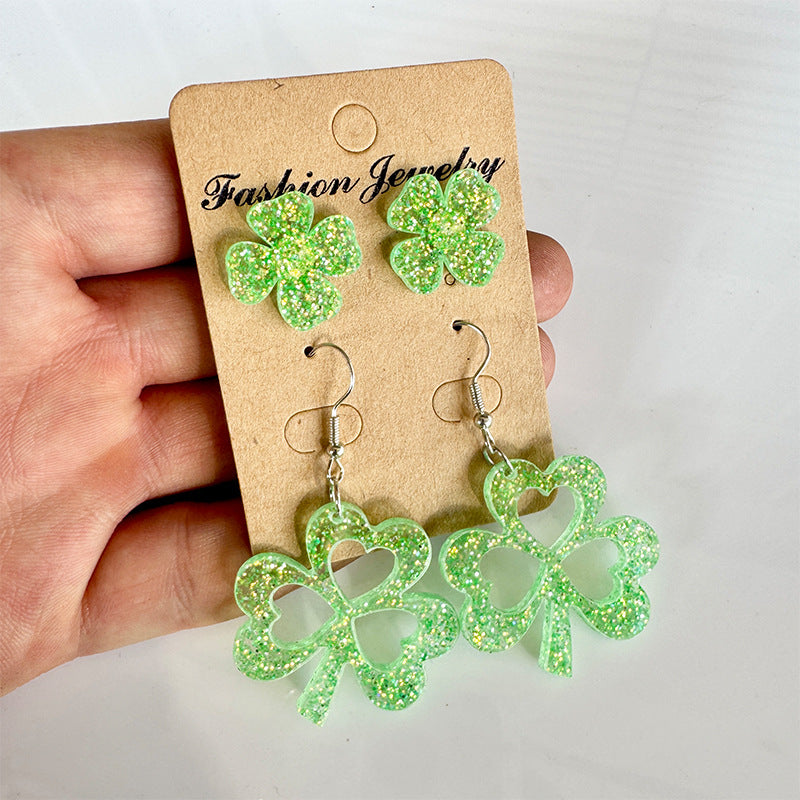 Wholesale Acrylic St.  Patrick' s Day Four-Leaf Clover and Three-Leaf Clover Earring Set