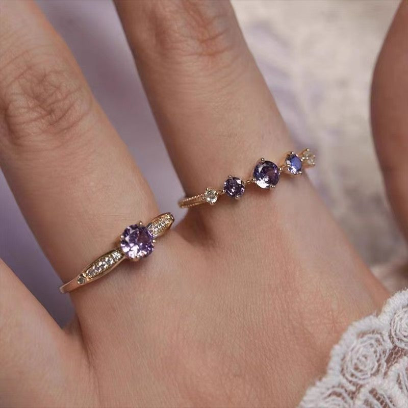Wholesale French Stylish Adjustable Purple Zircon Ring Set Electroplated Alloy Geometric Four Piece Jewelry Accessory For Women Boutique Resale Gift