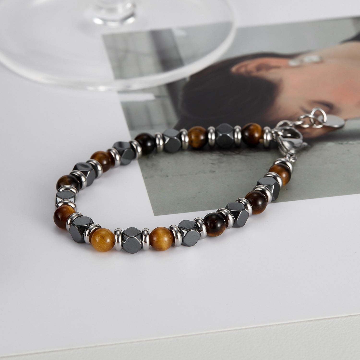 Wholesale  tiger eye stone stitching black stone stainless steel bracelet