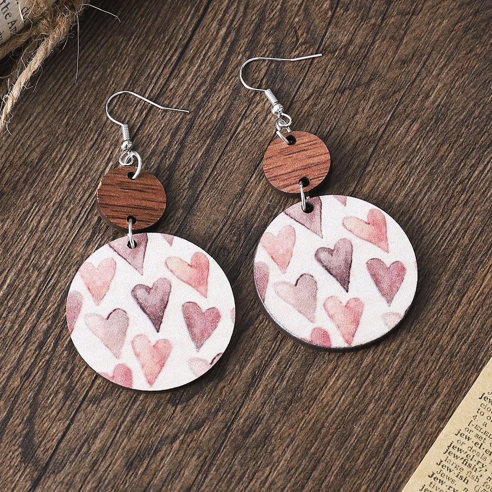 Wholesale Valentine's Day geometric bark pattern lovely double-sided wooden earrings