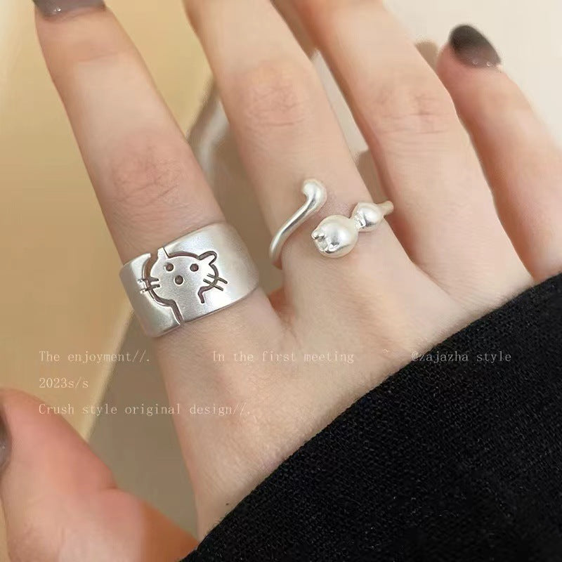 Wholesale Cartoon Cute Silver Matte Cat Ring