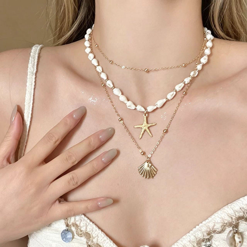 Wholesale Zinc Alloy Electroplated Double Layer Pearl Shell Necklace Summer Beach Vacation Style Fashion Accessory