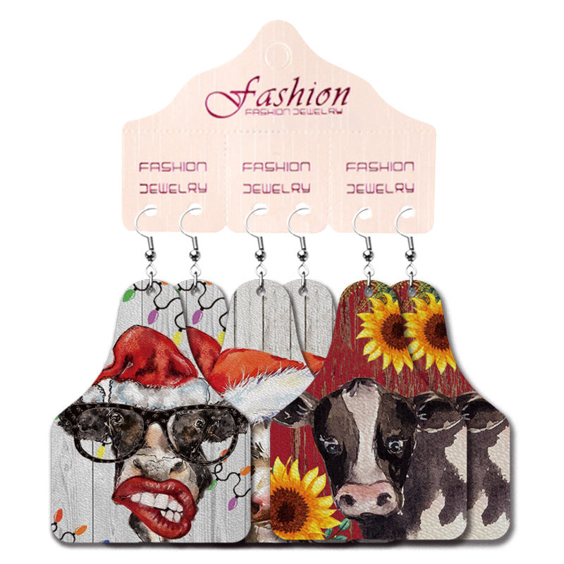 Wholesale 2 Sets Christmas Earrings Set Cow Pattern Plaid Elk Western Cowboy Water Drop PU Leather Earrings Set ACC-ES-HY129