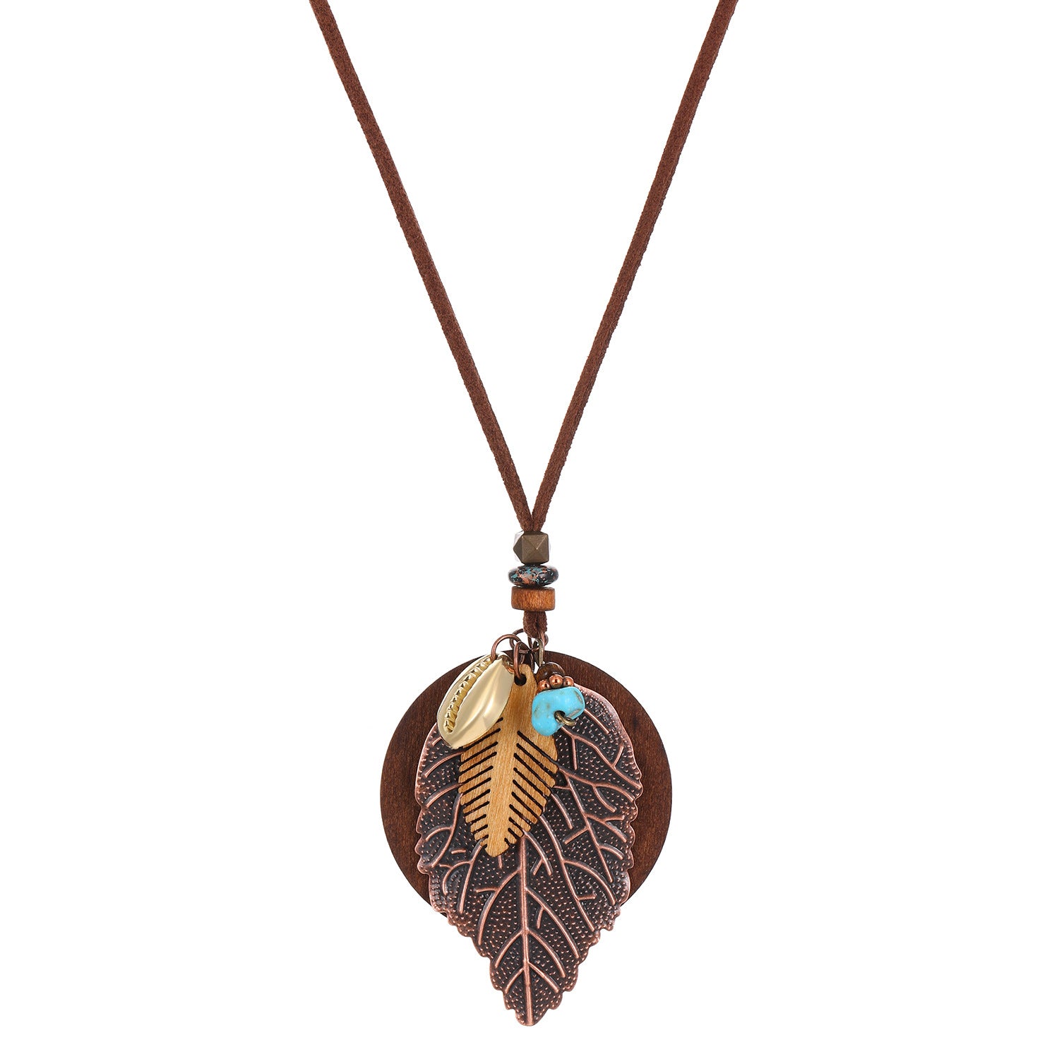 Wholesale vintage cotton and linen national style hollow leaves long sweater chain necklace