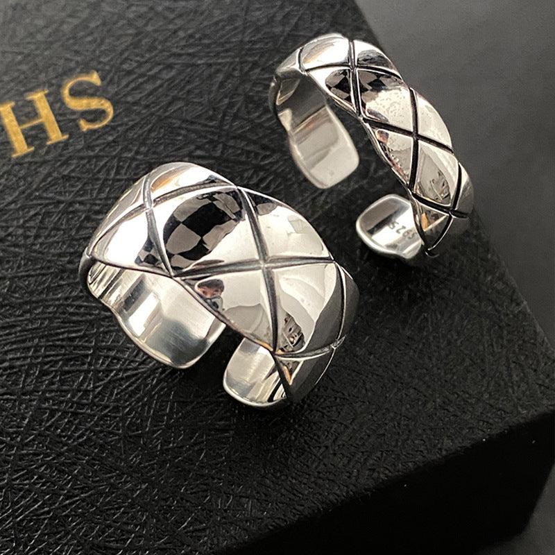 Wholesale S925 sterling silver thick and thin diamond Plaid open ring