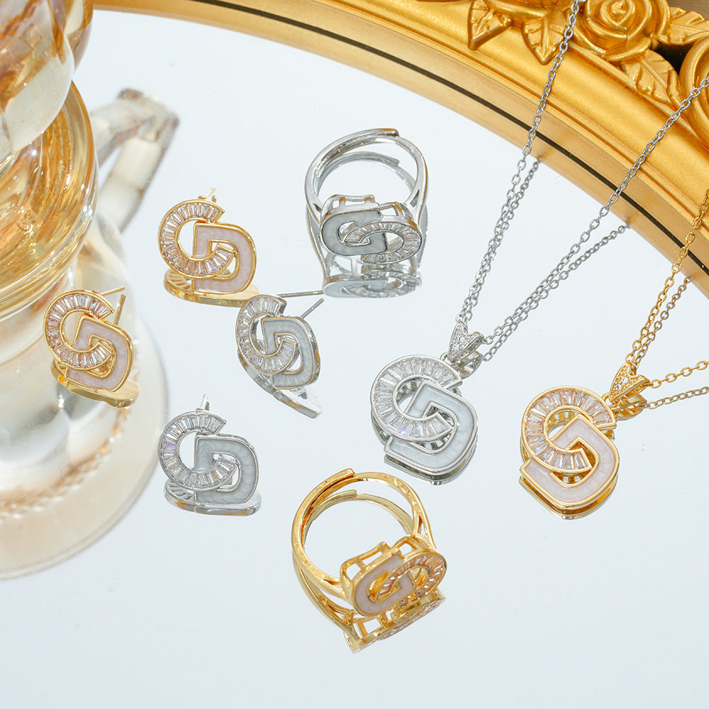 Wholesale Titanium Steel Alphabet Letter Zircon Earring &  Necklace Set for Women Jewelry Accessory