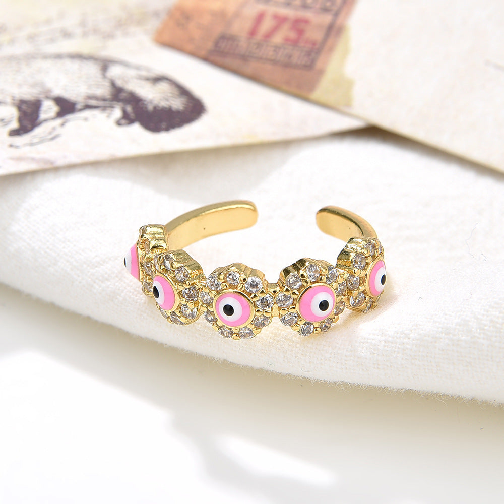 Wholesale 18K gold-plated zircon oil-drop colored devil' s eye open ring