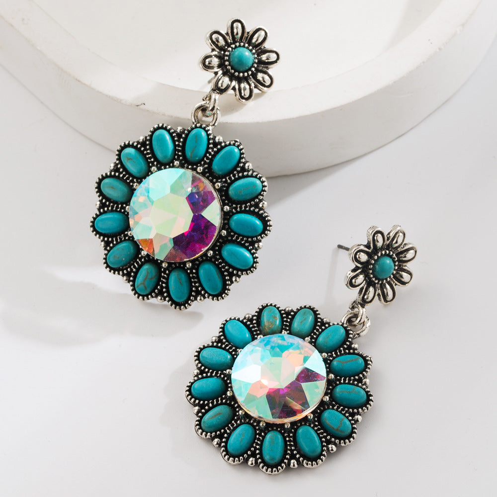 Wholesale Alloy Retro Turquoise Earrings with Glass Diamonds - Trendy Fashion Accessory