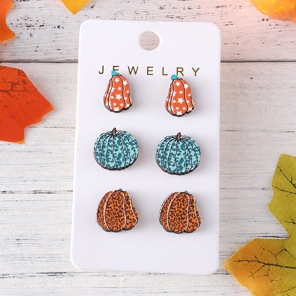 Wholesale Thanksgiving Day Leopard Print Plaid Star Pumpkin Wood Earrings Set ACC-ES-ChuLian040