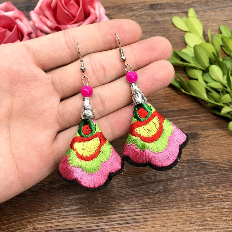 Wholesale Hand Embroidery Vintage Ethnic Style Fabric Earrings Flower Tassels ACC-ES-Luox008