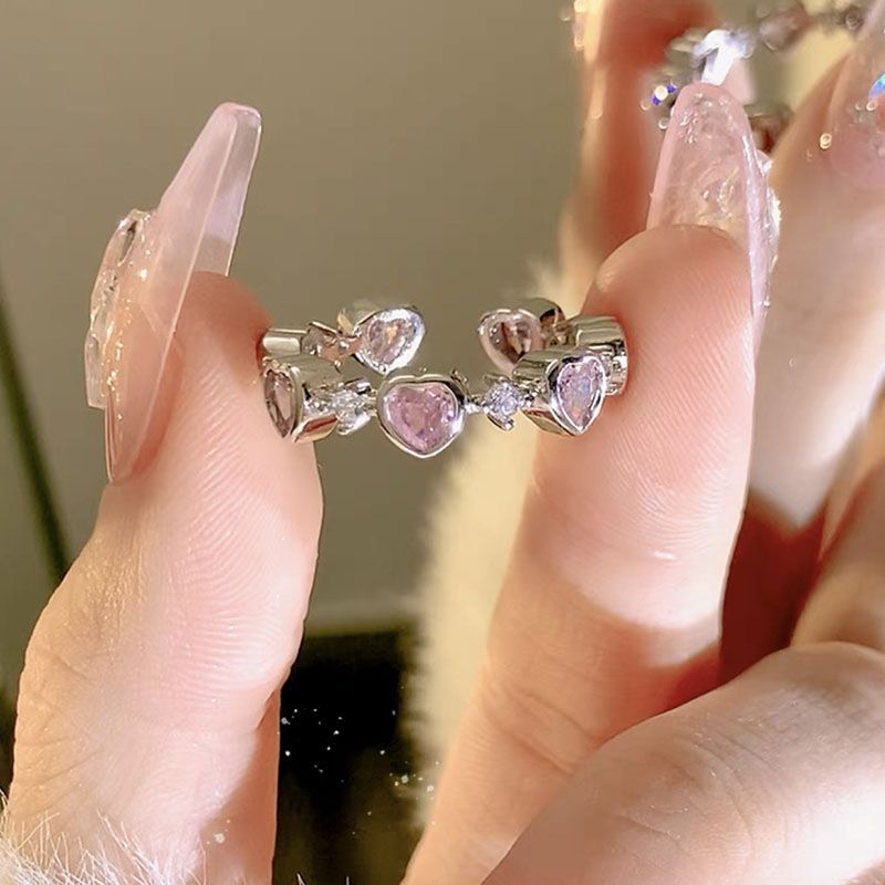 Wholesale Pink Diamond Love Ring Adjustable Women' s Fashion Jewelry Gift