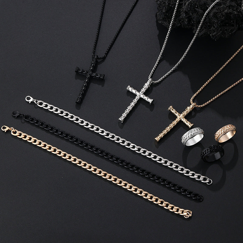 Wholesale Stylish Black Cross Crown Roman Numeral 3 Piece Jewelry Set Necklace Bracelet Ring Fashion Accessory Gift