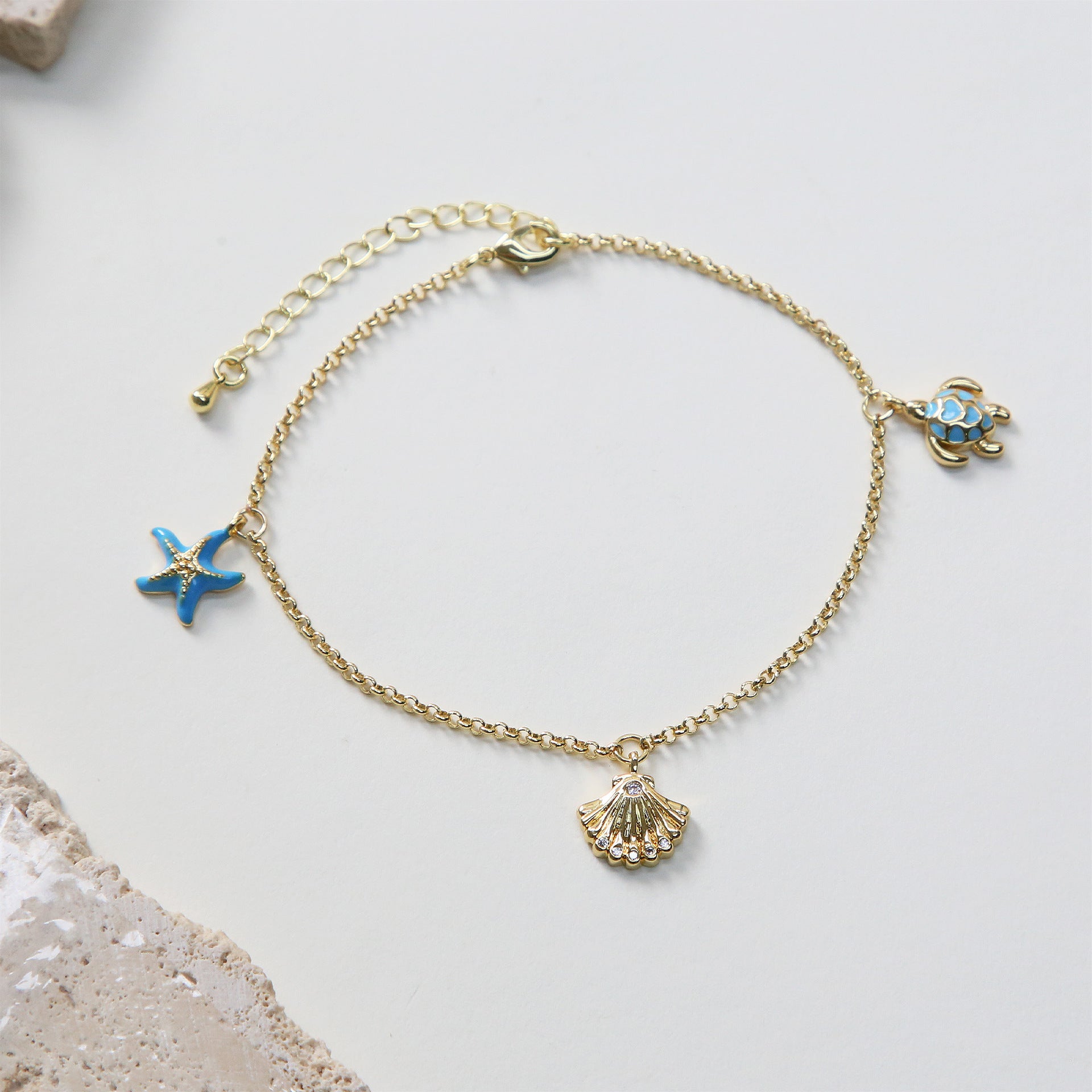 Wholesale Ocean Summer Full Diamond Zirconia Necklace with Small Fish,  Blue Starfish,  Conch Shell Multi-layer Anklet