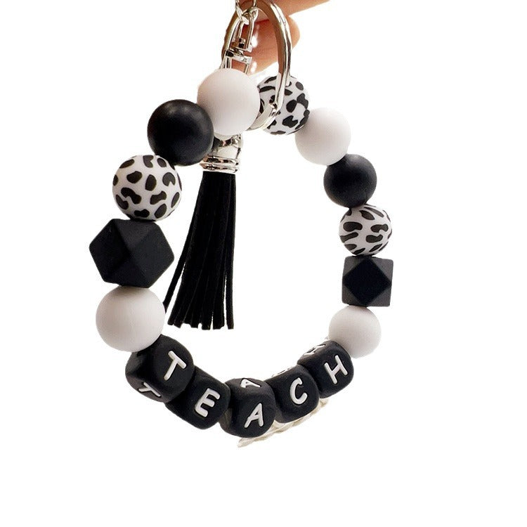 Wholesale Black And White Alphabet Bead Tassel Keychain Bag Charm For Teacher S Day Gift