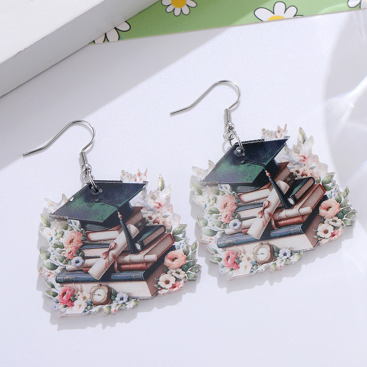 Wholesale Graduation season bachelor hat book flower bow scroll pendant earrings