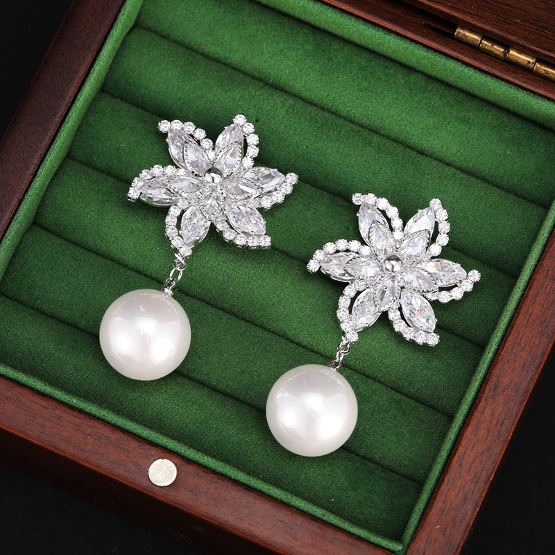 Wholesale Flower Earrings Super Flash Zircon Windmill Pearl Earrings