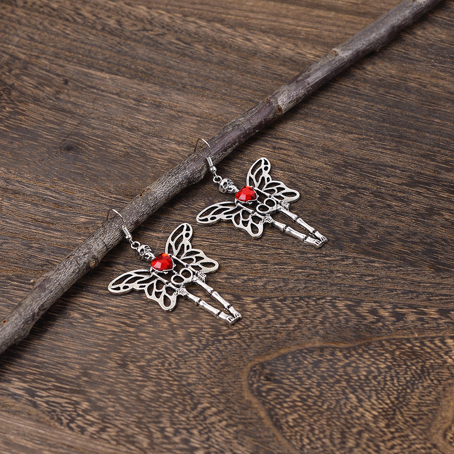 Wholesale  Exaggerated Skull Wings Ruby Earrings