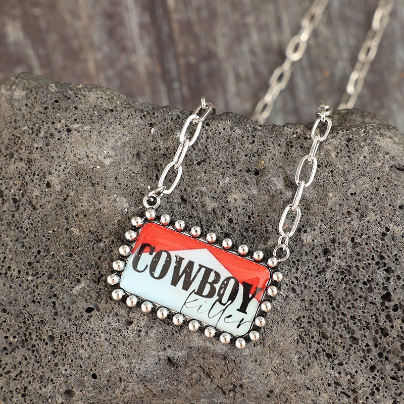Wholesale Vintage Red White Color Block Cowboy Style Plaque Pendant Necklace Alloy Enamel Fashion Accessory