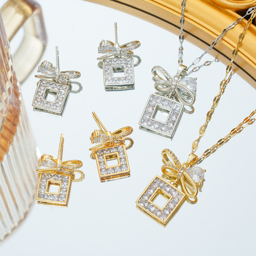 Wholesale Fashion OL Geometric Zircon Necklace Set Titanium Steel Non-Fading Electroplating Jewelry Accessory